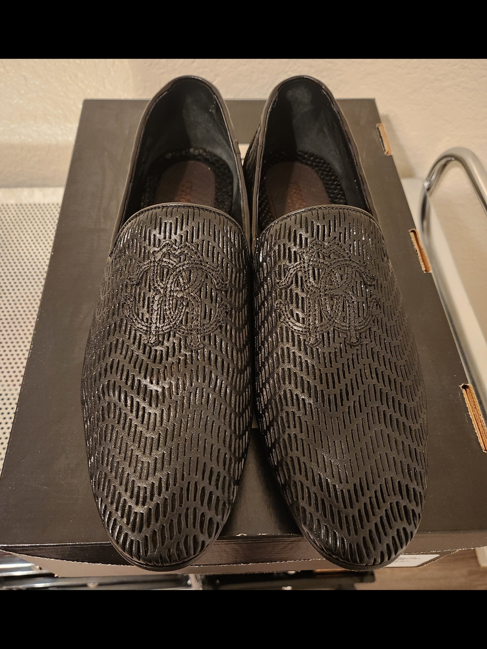 Roberto Cavalli Black Textured Slip-On Loafers Men Size 40.5/7.5